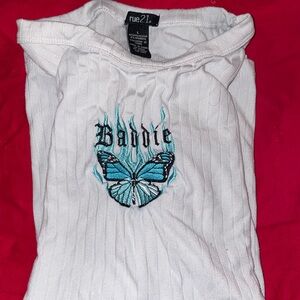 Rue21 White Top ribbed with Butterfly Design